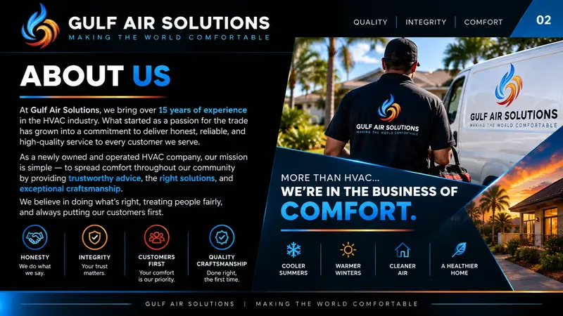 Gulf Air Solutions technician and service van at a Florida home — Making the World Comfortable