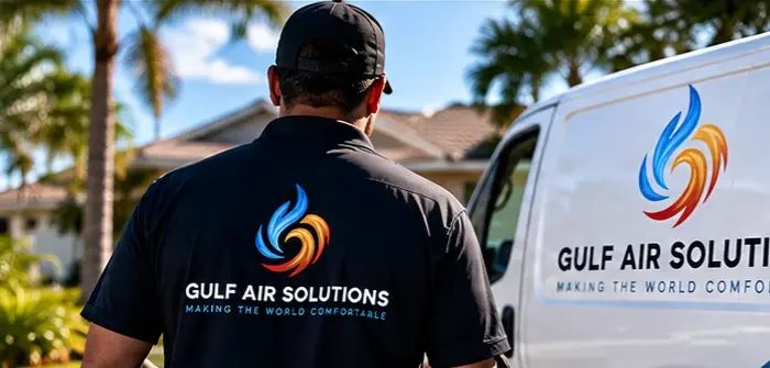 Gulf Air Solutions technician walking to a branded service van at a Florida home